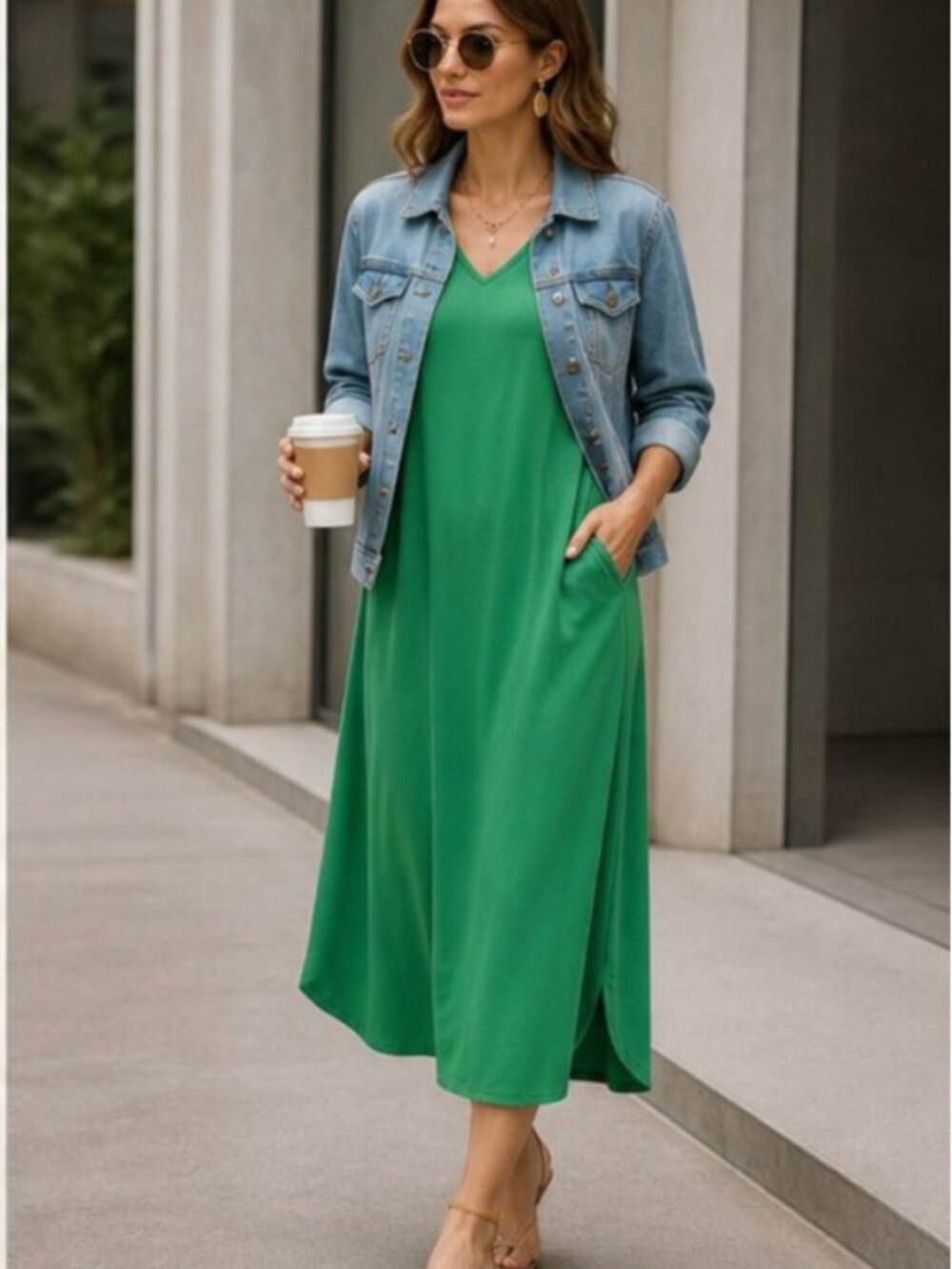 Entro NWT Green V Neck Jersey Knit Maxi Dress With Pockets Sz L